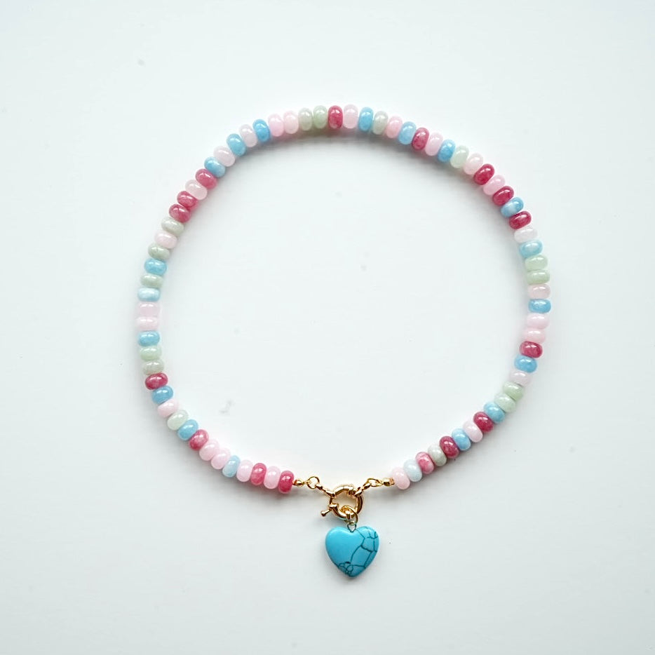 🩵 Cotton Candy Beaded Necklace with Turquoise Heart