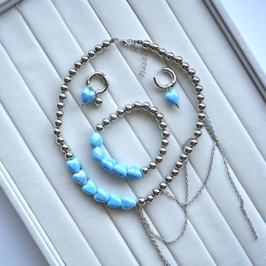 🩵 Y2K Cyber Heart Metallic Silver & Blue Jewelry Set