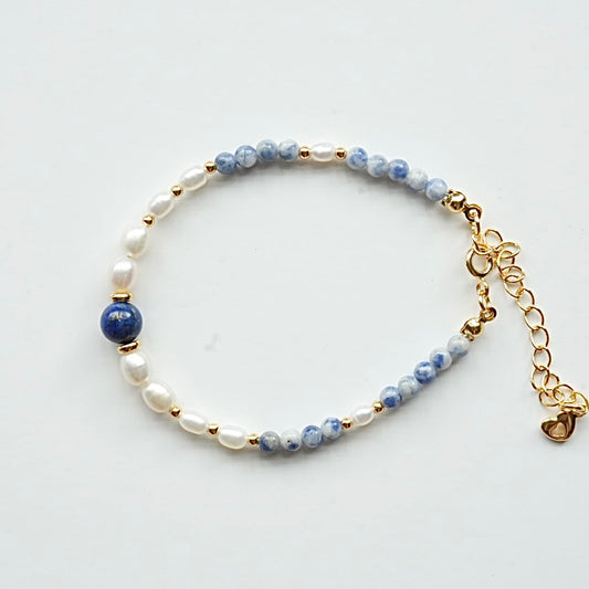 ✨ Ocean Blue & Pearl-White Beaded Bracelet with Gold Accents ✨🌊